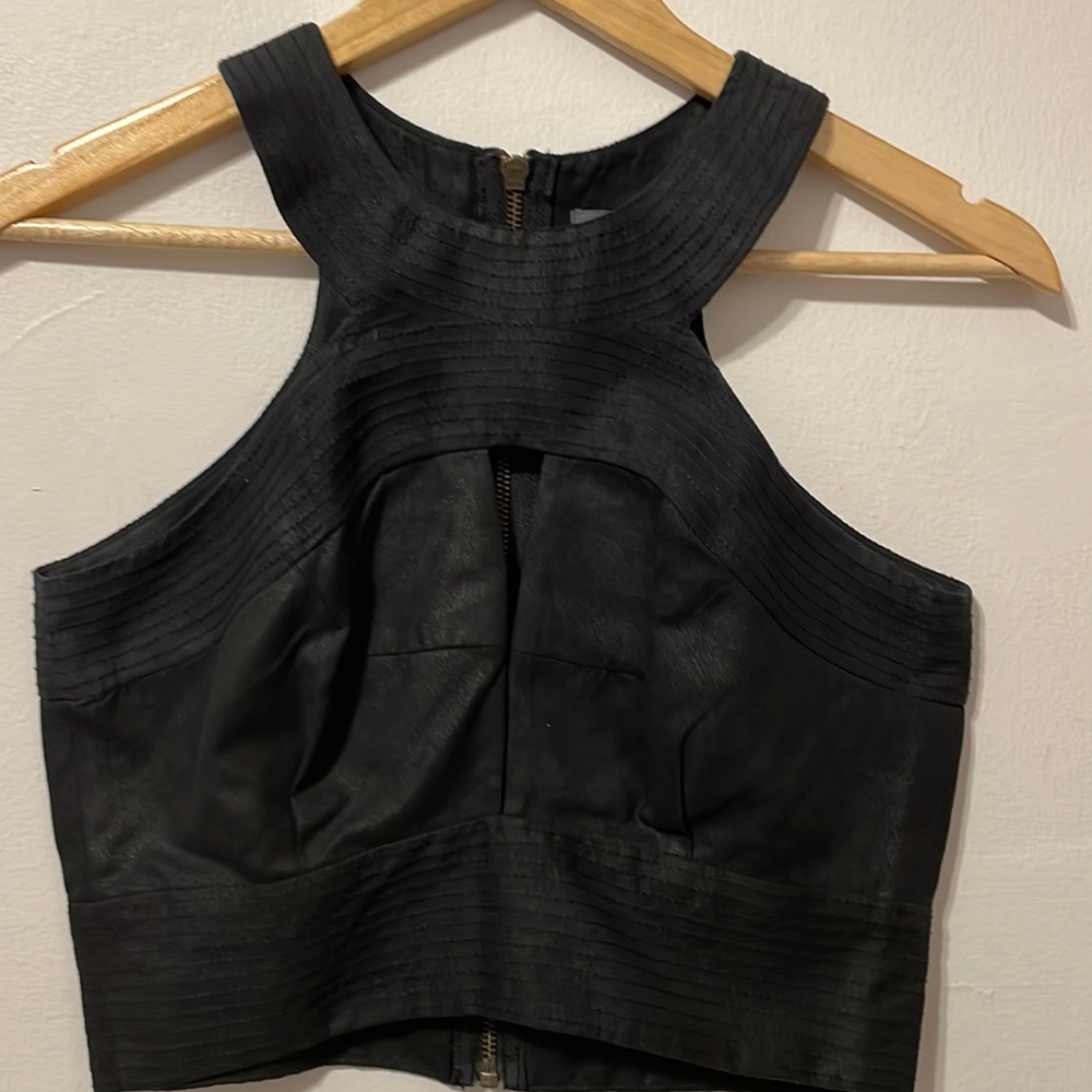 Sheike black fitted crop top. Beautiful stitching. Brass zip, Small
